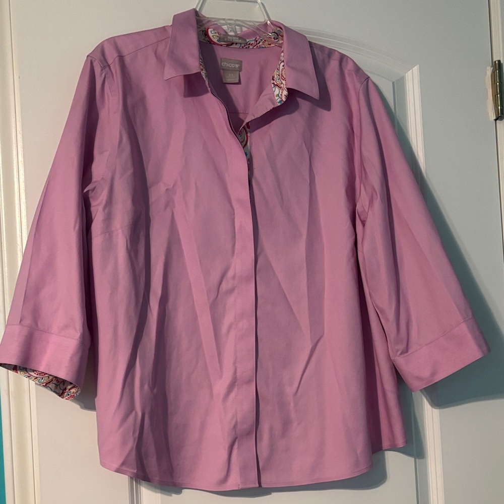 Chico's Pink Button Down 3/4 Sleeve Spring Easter Shirt